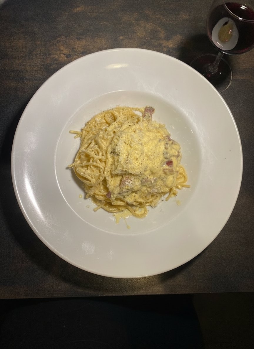 Teller Spaghetti Carbonara mit frisch gehobeltem Parmesan