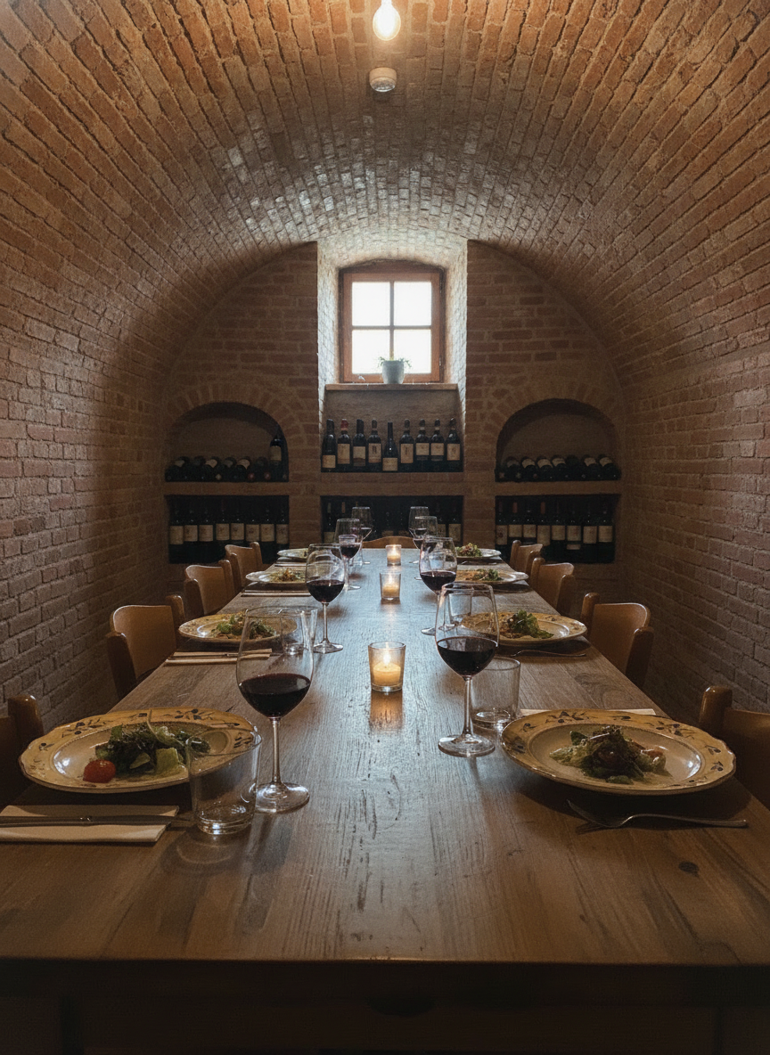 Lange Tafel im Gewölbekeller von Punto DiVino, eingedeckt für eine private Feier