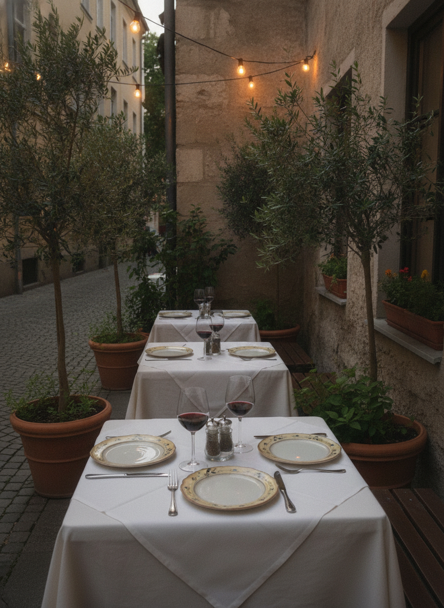Terrasse von Punto DiVino am Abend mit gedeckten Tischen