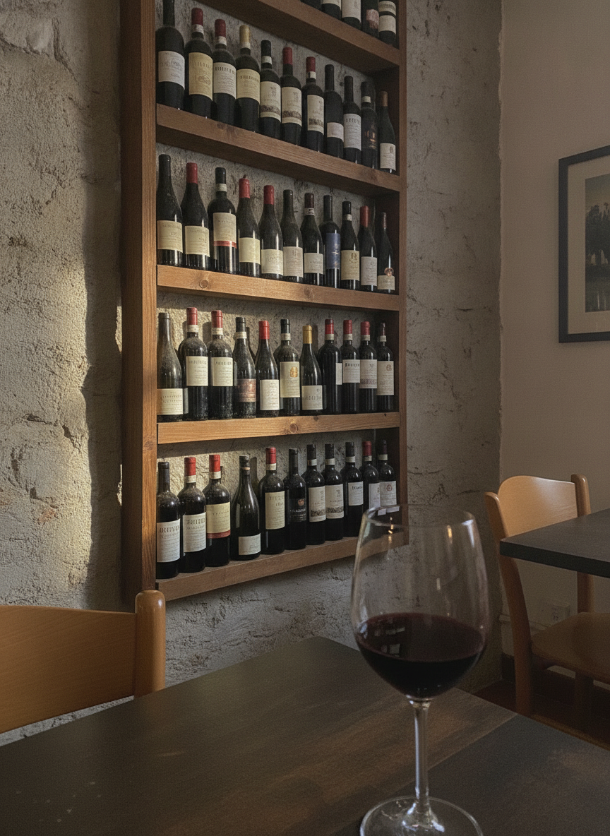 Weinregal mit sortierten italienischen Flaschen in der Vinothek